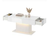 HOMCOM Table basse LED avec rangement, laquée, moderne, 2 tiroirs & télécommande, blanc