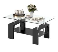 HOMCOM Table basse moderne 2 niveaux en bois et acier avec plateau en verre trempé, 90x50x42 cm, Noir