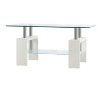 HOMCOM Table Basse Moderne à 2 Niveaux en Verre et Bois, 90x50x42cm, Blanc