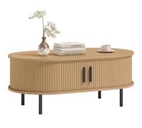 HOMCOM Table basse ovale en bois, table de salon moderne avec portes coulissantes et compartiments cachés, pieds en métal, pour chambre, séjour et bureau, 100 x 55 x 40 cm, effet bois naturel Descript