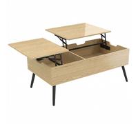 HOMCOM Table basse relevable avec double plateau, table de salon avec compartiment caché et pieds en métal, bois naturel