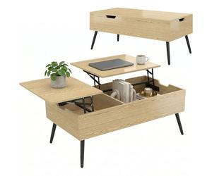 HOMCOM Table Basse relevable avec Double Plateau, Table de Salon avec Compartiment caché et Pieds en métal, Style Moderne, pour Salon, Bureau, 100 x 50 x 58 cm, Bois Naturel