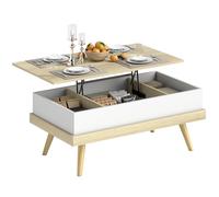 HOMCOM Table Basse relevable, Table Basse avec 3 Compartiments de Rangement cachés et Pieds en Bois, pour Bureau, Chambre à Coucher, 100x79x54 cm, Naturel et Blanc