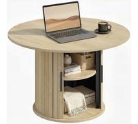 HOMCOM Table Basse Ronde, Table de Salon avec Rangement, Porte coulissante à Lattes, 2 étagères, Patins en Feutre, Style Moderne, pour Salon, Bureau, Ø 80 x 50 cm, Effet Bois Naturel
