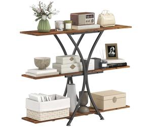 HOMCOM Table Console à 3 Niveaux, Table de canapé Industrielle avec 2 étagères Ouvertes et Cadre en X en métal, Table Console de Couloir étroite, pour Le Salon, Le Couloir, l'entrée, Marron Rustique