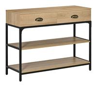 HOMCOM Table console d'entrée avec 2 tiroirs et 2 étagères de rangement, cadre en acier Meuble d'entrée pour couloir salon 100 x 35 x 79,2 cm Chêne