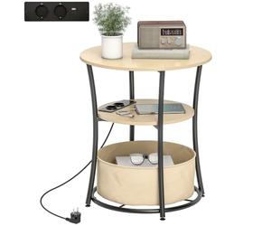 HOMCOM Table d'appoint 3 étagères Station Charge 50x50x55,1cm Naturel | Cadre métallique, Poche de rangement en tissu, Étagère, Table basse pour chambre et salon