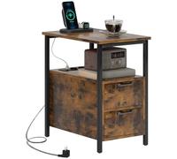 HOMCOM Table d'appoint avec multiprise 55x35x58.5 cm Marron Rustique | Table de chevet avec 2 tiroirs, petite table basse et table de canapé, pour salon et chambre.