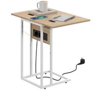 HOMCOM Table d'appoint avec plan de travail pliable, station de charge, table d'appoint pour canapé, en forme de C, avec port USB et USB-C, pour salon, chambre, 39 x 29 x 57 cm, blanc et naturel