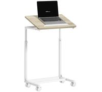 HOMCOM Table d'appoint avec roulettes, Bout de canapé en Forme de C réglable en Hauteur avec Plateau inclinable, Bureau Mobile Portable pour Salon, Chambre à Coucher, chêne et Blanc