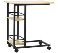 HOMCOM Table d'appoint avec roulettes Table latérale en forme de C pour canapé-lit avec 2 étagères et freins pour chambre à coucher style moderne 60 x 34,5 x 64,5 cm Naturel