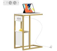 HOMCOM Table d'appoint avec station de charge, bout de canapé étroit forme C avec sac de rangement en tissu, plateau aspect marbre, cadre en acier, table basse pour salon, chambre, 46x25x62,5cm, blanc