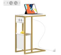 HOMCOM Table d'appoint avec Station de Charge Forme C 46x25x62,5cm Blanc | Bout de Canapé Étroit, Sac de Rangement en Tissu, Plateau Aspect Marbre, Cadre en Acier, Table Basse, Meubles de Salon