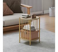 HOMCOM Table d'appoint, bout de canapé à 2 niveaux avec étagère de rangement et cadre en acier, Ø 41 x 49 cm effet bois naturel
