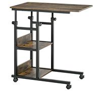HOMCOM Table d'appoint Bout de canapé Table roulante Table de Lit pour Ordinateur Portable Hauteur réglable - 2 étagères intégrées - Cadre métal Marron