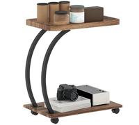HOMCOM Table d'appoint en forme de C avec rangement, table de chevet mobile à 2 niveaux avec plateau, roulettes, structure en acier pour salon, chambre à coucher, marron