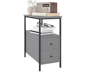 HOMCOM Table d'appoint étroite avec 2 tiroirs et étagère de rangement, table d'appoint industrielle avec cadre en métal pour petits espaces, grain de bois gris