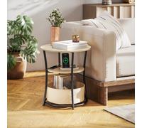 HOMCOM Table d'appoint ronde 3 niveaux avec station de charge (2 prises, USB/USB-C) et sac de rangement, Ø50 x 55,1 cm, bois naturel