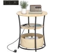 HOMCOM Table d'appoint ronde à 3 niveaux avec station de recharge, table d'appoint industrielle avec 2 étagères ouvertes, sac de rangement, pour salon, chambre à coucher, bibliothèque, Ø50x55,1 cm,
