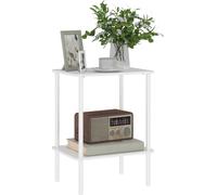 HOMCOM Table d'appoint, table basse à 2 niveaux avec compartiment de rangement et cadre métallique, table basse moderne pour salon, chambre à coucher, blanc