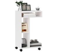 HOMCOM Table d'appoint Table basse à roulettes, bureau avec 4 étagères, table basse pour ordinateur portable, table de lit, pour salle à manger salon, blanc
