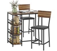 HOMCOM Table de Bar à 3 Étagères et 2 Tabourets avec Repose-pieds et Dossier, en Bois et Acier, Noir et couleur Noyer