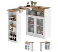 HOMCOM Table de Bar Extensible et pivotante à 90°, Table Haute de Cuisine avec étagères Ouvertes et 2 Portes vitrées pour Salle à Manger, 150 x 80 x 105,5 cm, Blanc et Naturel