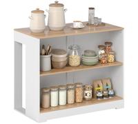 HOMCOM Table de Bar Table Haute Cuisine à 3 Niveaux 113 x 60 x 90 cm Blanc | 2 Compartiments Ouverts, Plateau Effet Bois Naturel, pour Salle à Manger et Cuisine