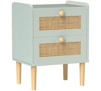 HOMCOM Table de Chevet 2 Tiroirs Cadre Bois 39,8 x 30 x 52,5 cm Vert Olive | Table de Nuit, Effet Rotin Naturel, Style Bohème, pour Chambre à Coucher, Salon