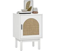 HOMCOM Table de chevet avec porte en rotin, étagère réglable et pieds en bois Style bohème Table d'appoint pour salon chambre 40 x 35 x 58 cm Blanc