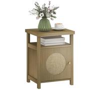 HOMCOM Table de chevet avec porte en rotin, table de chevet avec étagère ouverte et compartiment, pour chambre, salon, 40 x 35 x 55 cm, bois naturel