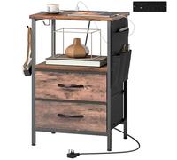 HOMCOM Table de chevet avec station de recharge, table d'appoint mince avec ports USB-C, 2 tiroirs en tissu, crochets et pochette de rangement pour chambre à coucher, salon, brun rustique.