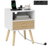 HOMCOM Table de Chevet avec Station de Recharge, Table de Chevet avec tiroir, 2 Prises CA, Port USB et Type C, Compartiment Ouvert, Pieds en Bois, pour Salon, Chambre à Coucher, Blanc