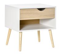 HOMCOM Table de chevet avec tiroir, pieds en bois massif, 50×39×51 cm, blanc et bois naturel
