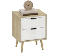 HOMCOM Table de Chevet Étroite Salon 40x35x50 cm Chêne et Blanc Brillant | 2 Tiroirs Silencieux, Table d'Appoint, Pieds en Bois Massif, Chambre à Coucher