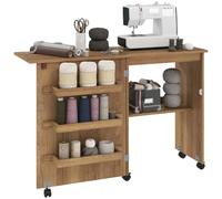 HOMCOM Table de Couture Pliante À Abattant 117x40x77,5cm Marron | Meuble Couture avec Bacs de Rangement, Étagère Ouverte, Roulettes, Meuble pour Machine à Coudre, pour Salon, Bureau