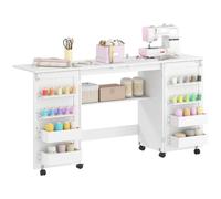 HOMCOM Table de Couture Pliante à roulettes 2 Portes Magnétiques Blanc | Meuble Couture, 4 Bacs, 20 Crochets, Étagère de Rangement, Meuble Machine à Coudre pour Salon Bureau Studio