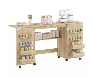 HOMCOM Table de Couture Pliante à Roulettes 2 Portes Magnétiques Chêne | Meuble Couture, 4 Bacs, 20 Crochets, Étagère de Rangement, Meuble Machine à Coudre pour Salon Bureau Studio