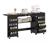 HOMCOM Table de Couture Pliante à roulettes 2 Portes Magnétiques Noir | 4 Bacs, 20 Crochets, Étagère de Rangement, Meuble Couture, Meuble Machine à Coudre, pour Salon Bureau Studio