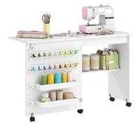 HOMCOM Table de Couture Pliante à roulettes Étagère de Rangement Blanc | Meuble Couture, Porte Magnétique de Grange, 2 Bacs, 18 Chevilles, Meuble Machine à Coudre, pour Salon Studio