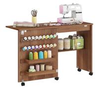 HOMCOM Table de Couture Pliante à roulettes Étagère de Rangement Marron | Meuble Couture, Porte Magnétique de Grange, 2 Bacs, 18 Chevilles, Meuble Machine à Coudre, pour Salon Studio