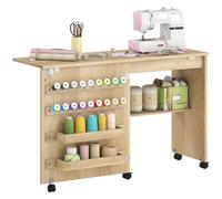 HOMCOM Table de Couture Pliante à roulettes Étagère de Rangement Naturel | Meuble Couture, Porte Magnétique de Grange, 2 Bacs, 18 Chevilles, Meuble Machine à Coudre, pour Salon Studio
