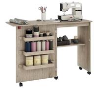 HOMCOM Table de Couture Pliante Meuble Couture à abattant avec bacs de Rangement, étagère Ouverte et roulettes, Meuble pour Machine à Coudre, pour Salon, Bureau, 117 x 40 x 77,5 cm, Effet Bois grisé