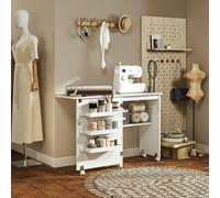 HOMCOM Table de couture pliante meuble couture à abattant avec bacs de rangement, étagère ouverte et roulettes, blanc