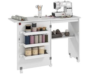 HOMCOM Table de Couture Pliante Meuble Couture à abattant avec bacs de Rangement, étagère Ouverte et roulettes, Meuble pour Machine à Coudre, pour Salon, Bureau, 117 x 40 x 77,5 cm, Blanc
