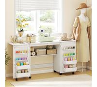 HOMCOM Table de couture pliante, meuble couture à roulettes, 2 portes magnétiques, 4 bacs, 20 crochets, 160x40x81,5cm, blanc