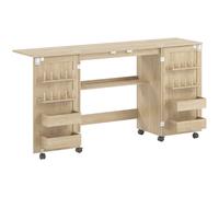 HOMCOM Table de couture pliante, meuble couture à roulettes, 2 portes magnétiques, 4 bacs, 20 crochets, 160x40x83cm, chêne