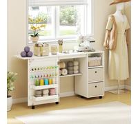 HOMCOM Table de couture pliante, meuble couture à roulettes avec porte magnétique, 2 bacs, 2 tiroirs, 146,4x40x77,5cm, blanc