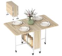 HOMCOM Table de cuisine pliante extensible pour petits espaces avec 6 roulettes et étagère de rangement Finition bois naturel
