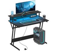 HOMCOM Table de jeu avec lumières LED, 100 x 60 cm, bureau de jeu, table de jeu avec prises électriques, support pour moniteur, étagères et télécommande, pour bureau, studio, noir